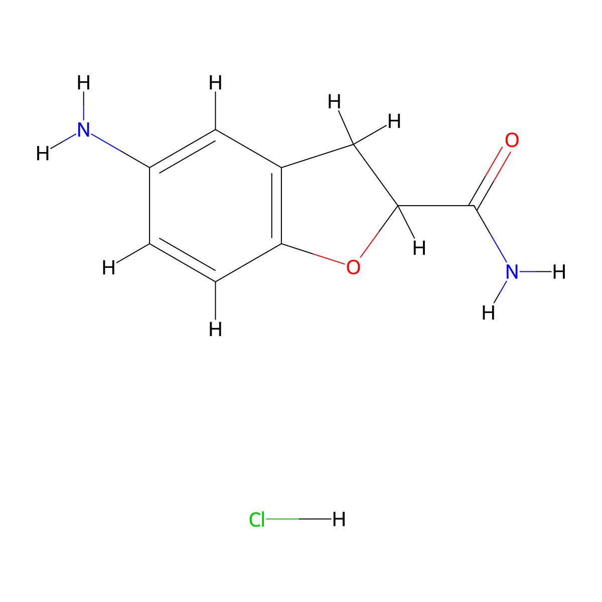 5-Amino-2,3-dihydro-1-benzofuran-2-carboxamide hydrochloride molecular structure, CAS 2551117-08-7