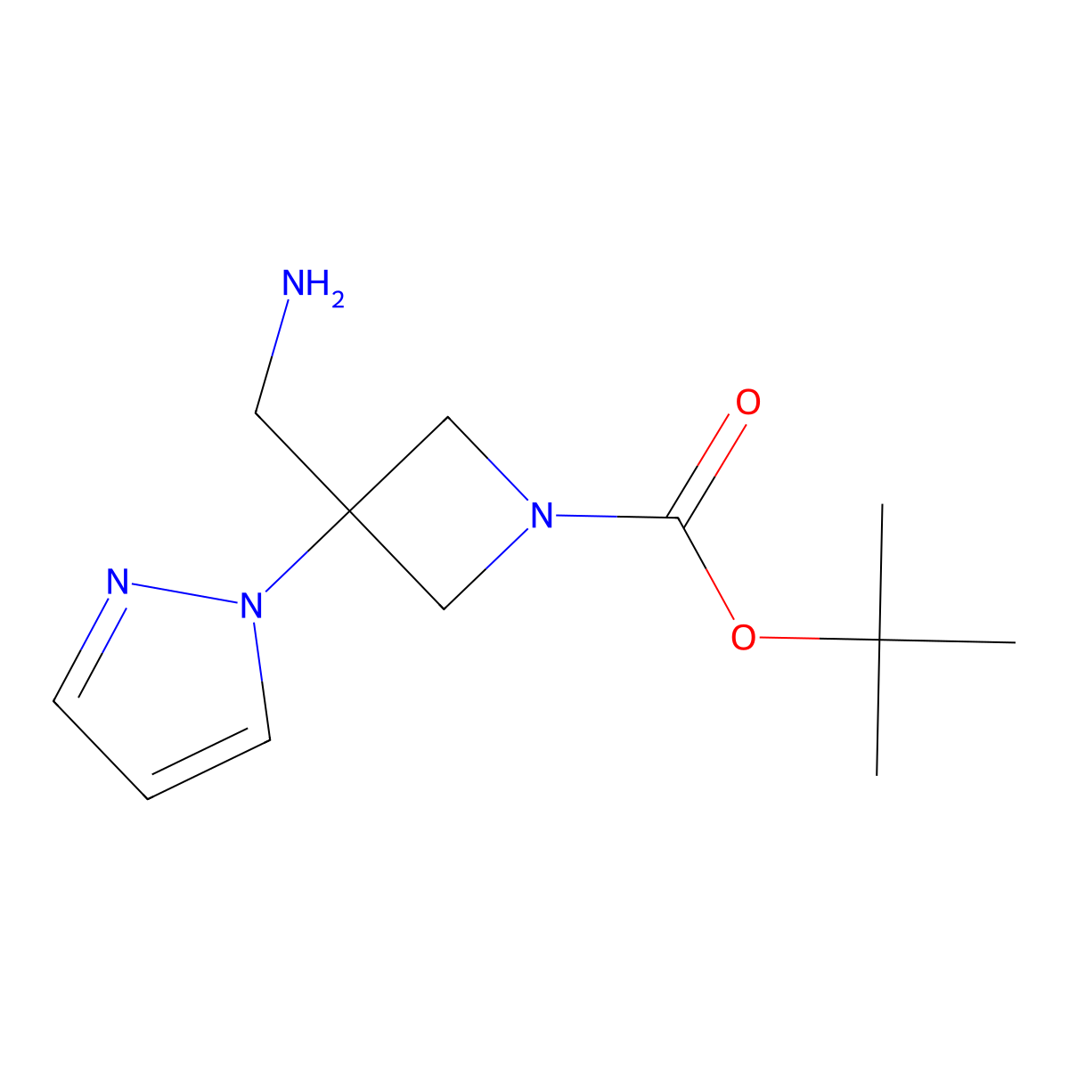 tert-butyl 3-(aminomethyl)-3-(1H-pyrazol-1-yl)azetidine-1-carboxylate molecular structure, CAS 2551119-71-0