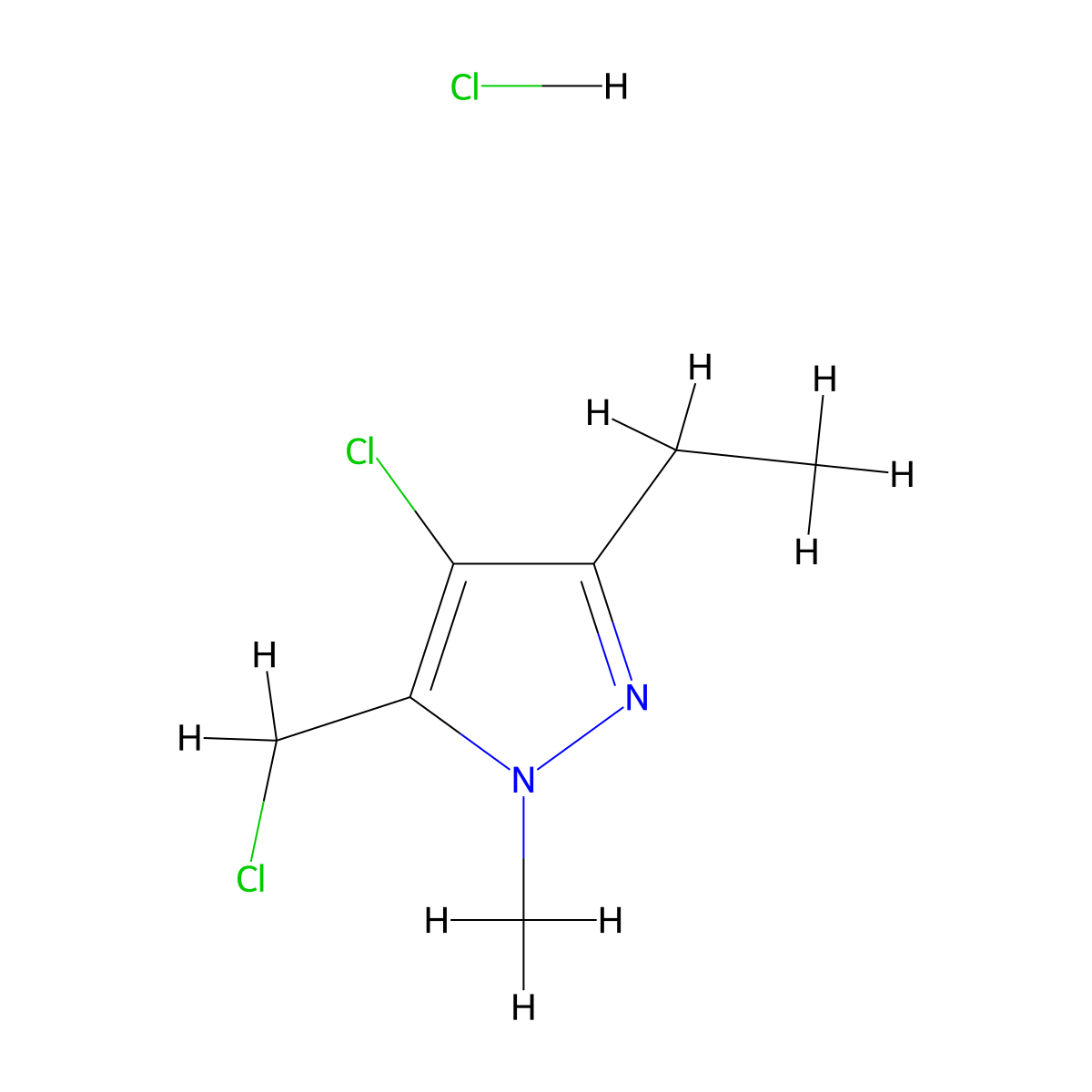 4-chloro-5-(chloromethyl)-3-ethyl-1-methyl-1H-pyrazole hydrochloride molecular structure, CAS 2551120-71-7
