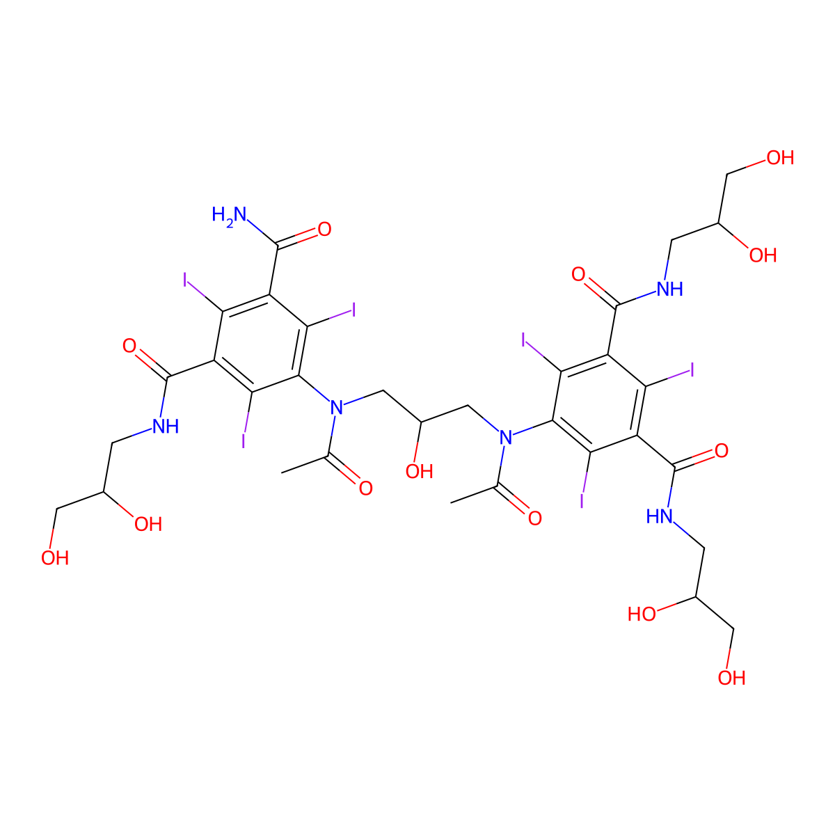 5-(Acetyl(3-(acetyl(3-carbamoyl-5-((2,3-dihydroxypropyl)carbamoyl)-2,4,6-triiodophenyl)amino)-2-hydroxypropyl)amino)-N,N'-bis(2,3-dihydroxypropyl)-2,4,6-triiodobenzene-1,3-dicarboxamide molecular structure, CAS 255376-57-9