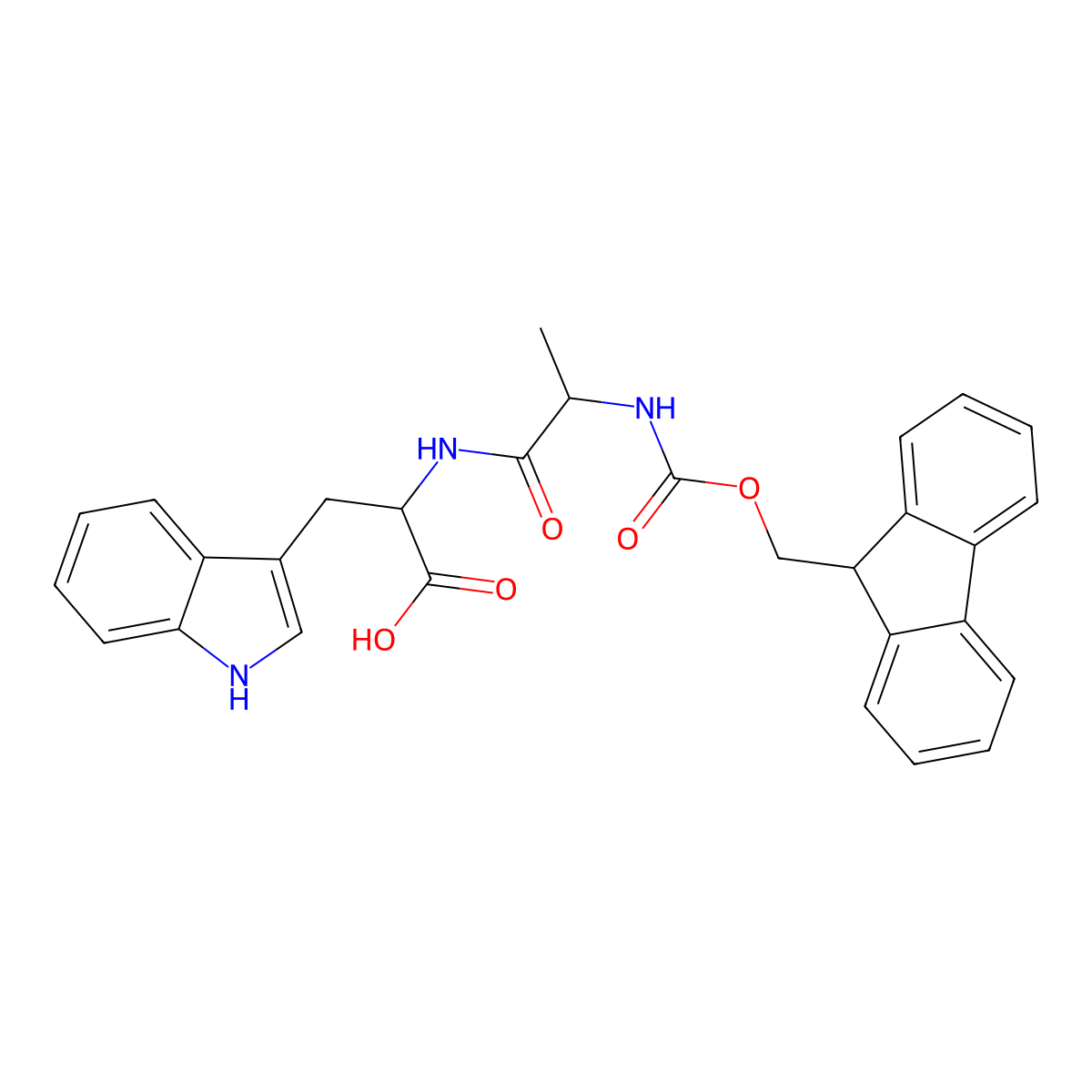 (S)-2-((S)-2-((((9H-Fluoren-9-yl)methoxy)carbonyl)amino)propanamido)-3-(1H-indol-3-yl)propanoic acid molecular structure, CAS 255381-12-5