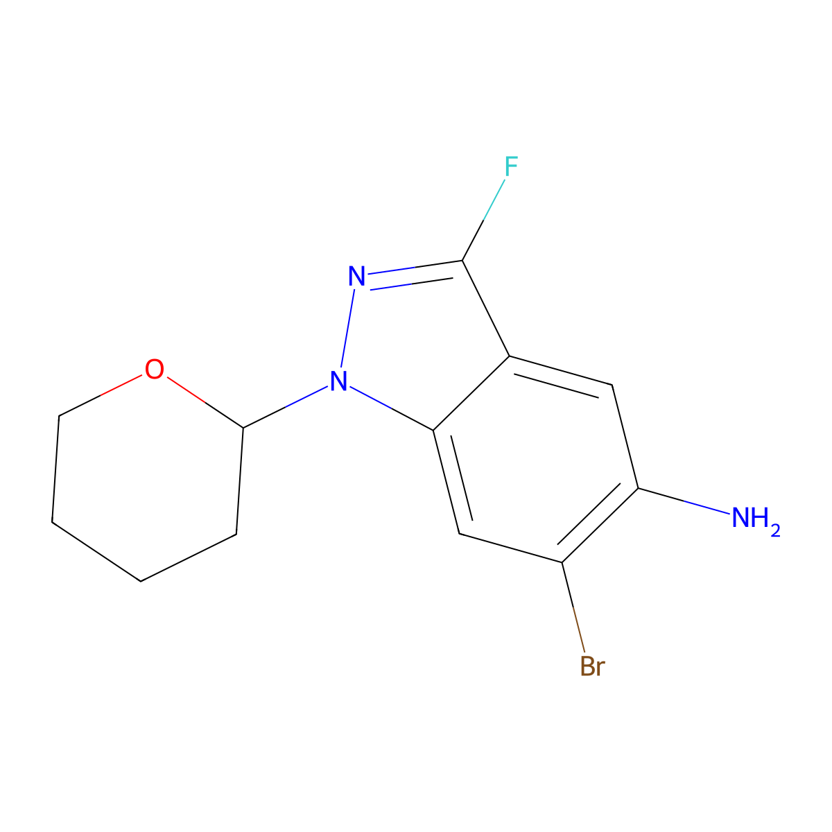 6-bromo-3-fluoro-1-(tetrahydro-2H-pyran-2-yl)-1H-Indazol-5-amine molecular structure, CAS 2555019-59-3