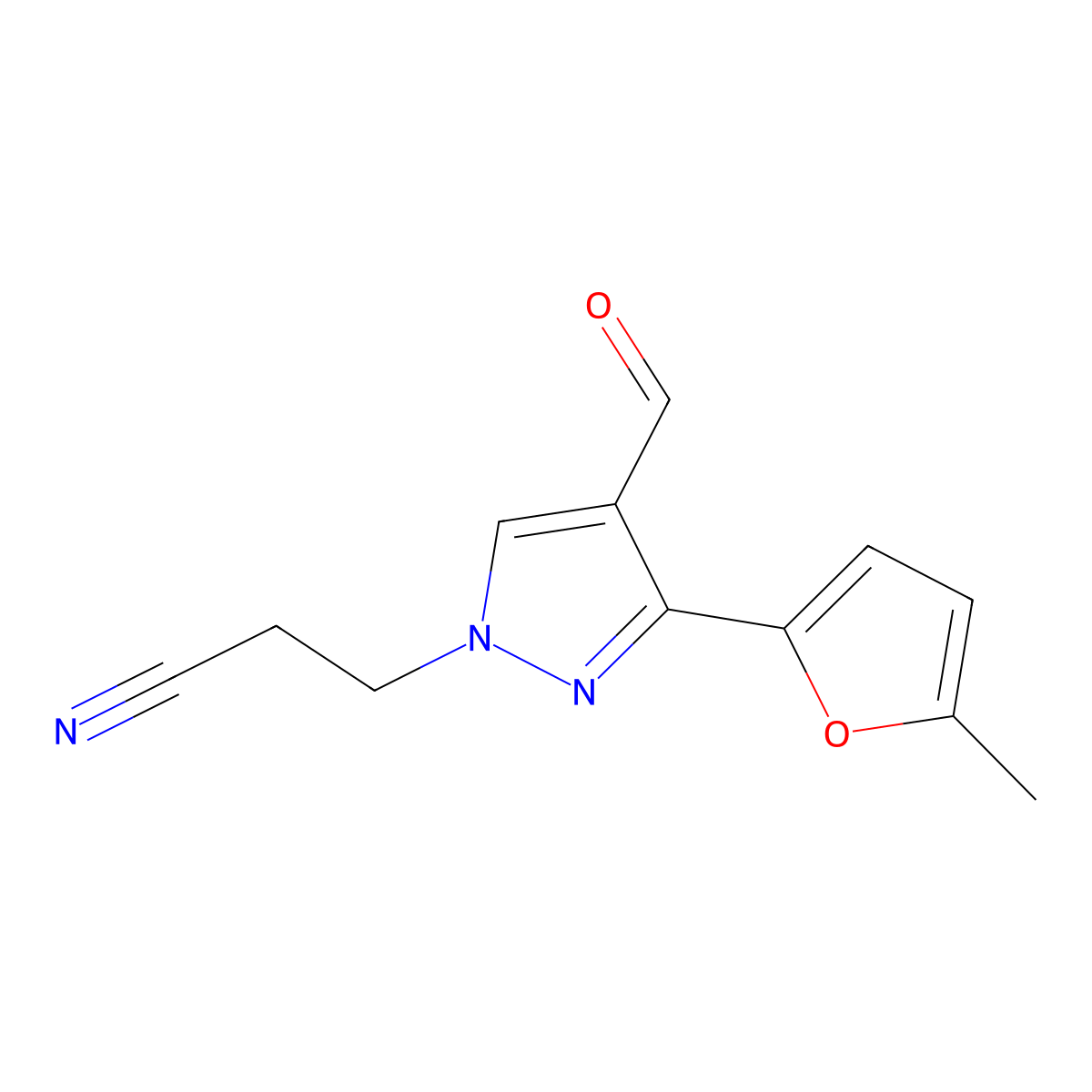 3-[4-Formyl-3-(5-methylfuran-2-yl)pyrazol-1-yl]propanenitrile molecular structure, CAS 255710-87-3