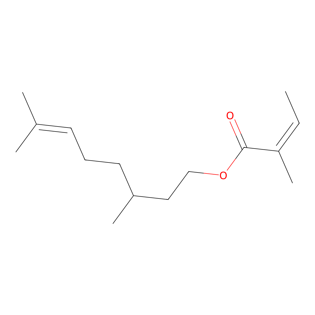 2-Butenoic acid, 2-methyl-, 3,7-dimethyl-6-octenyl ester, (2E)- molecular structure, CAS 255714-11-5