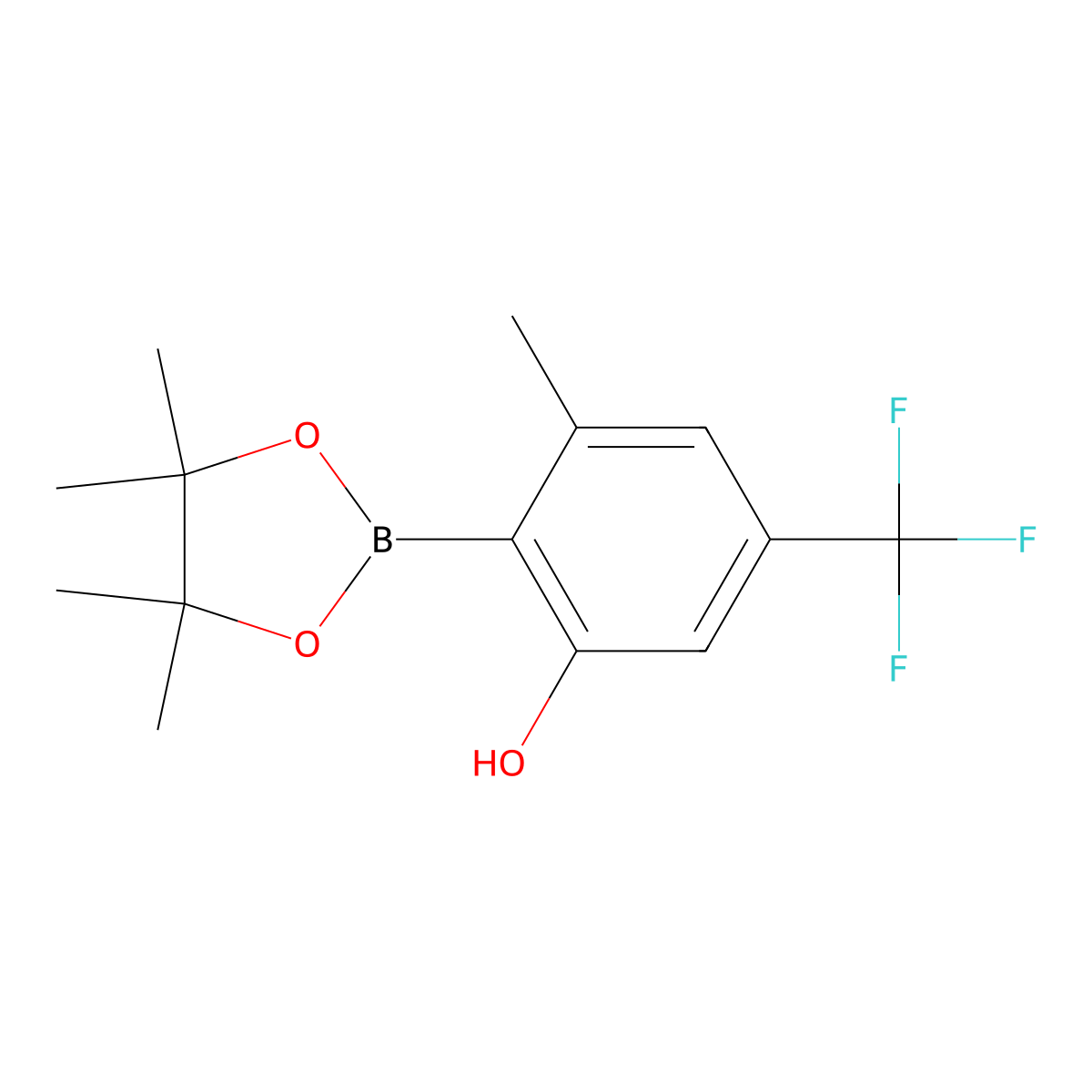 3-Methyl-2-(4,4,5,5-tetramethyl-1,3,2-dioxaborolan-2-yl)-5-(trifluoromethyl)phenol molecular structure, CAS 2557358-38-8