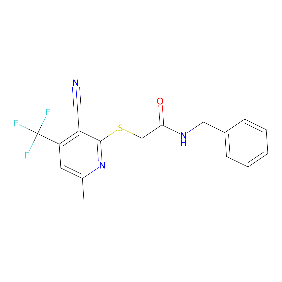 N-benzyl-2-{[3-cyano-6-methyl-4-(trifluoromethyl)pyridin-2-yl]sulfanyl}acetamide molecular structure, CAS 255909-10-5