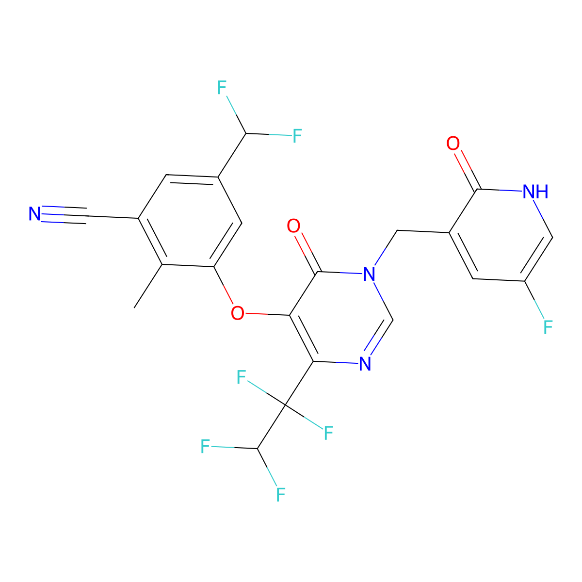 5-(Difluoromethyl)-3-({1-[(5-fluoro-2-oxo-1,2-dihydropyridin-3-yl)methyl]-6-oxo-4-(1,1,2,2-tetrafluoroethyl)-1,6-dihydropyrimidin-5-yl}oxy)-2-methylbenzonitrile molecular structure, CAS 2560576-15-8
