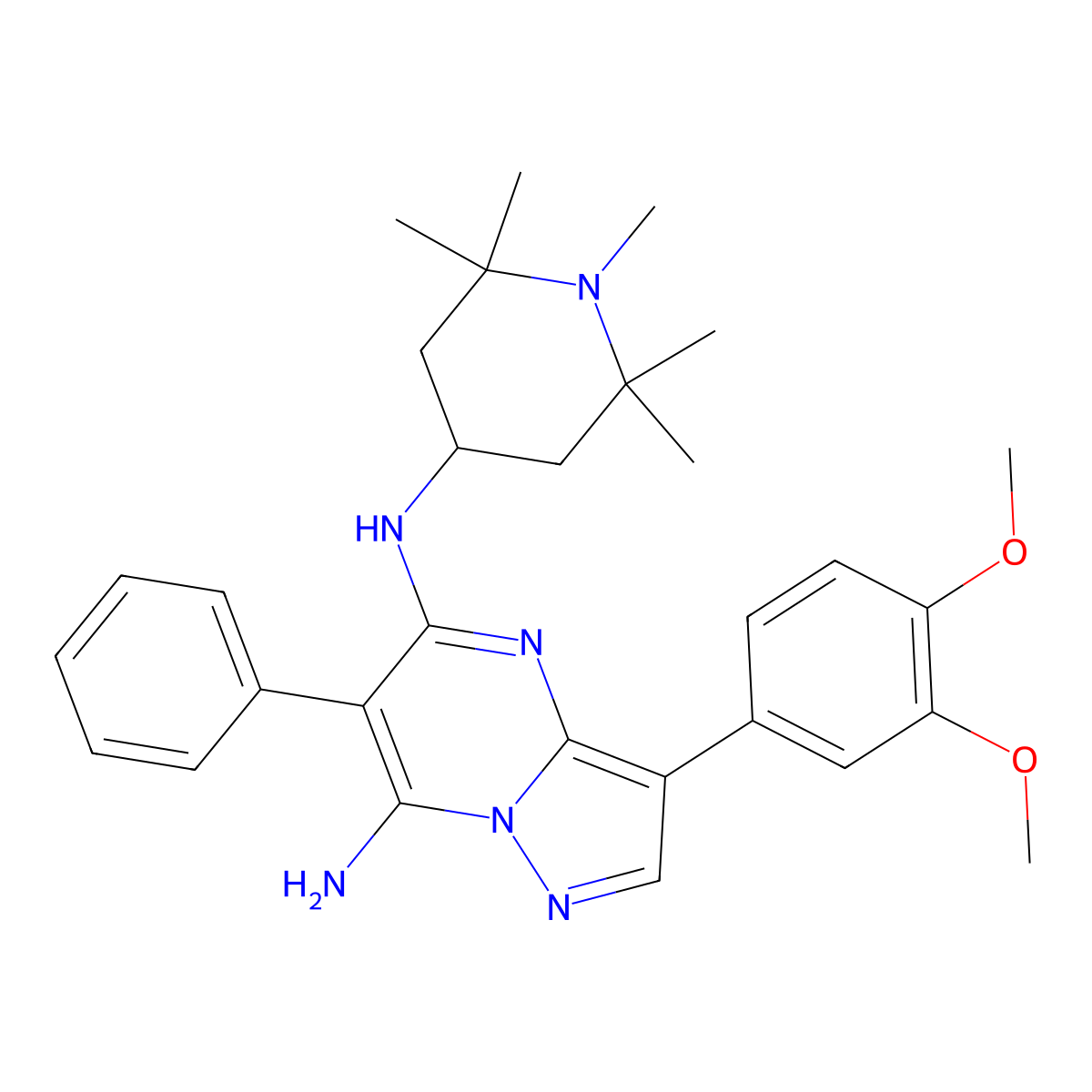 3-(3,4-dimethoxyphenyl)-N5-(1,2,2,6,6-pentamethylpiperidin-4-yl)-6-phenylpyrazolo[1,5-a]pyrimidine-5,7-diamine molecular structure, CAS 2561413-77-0
