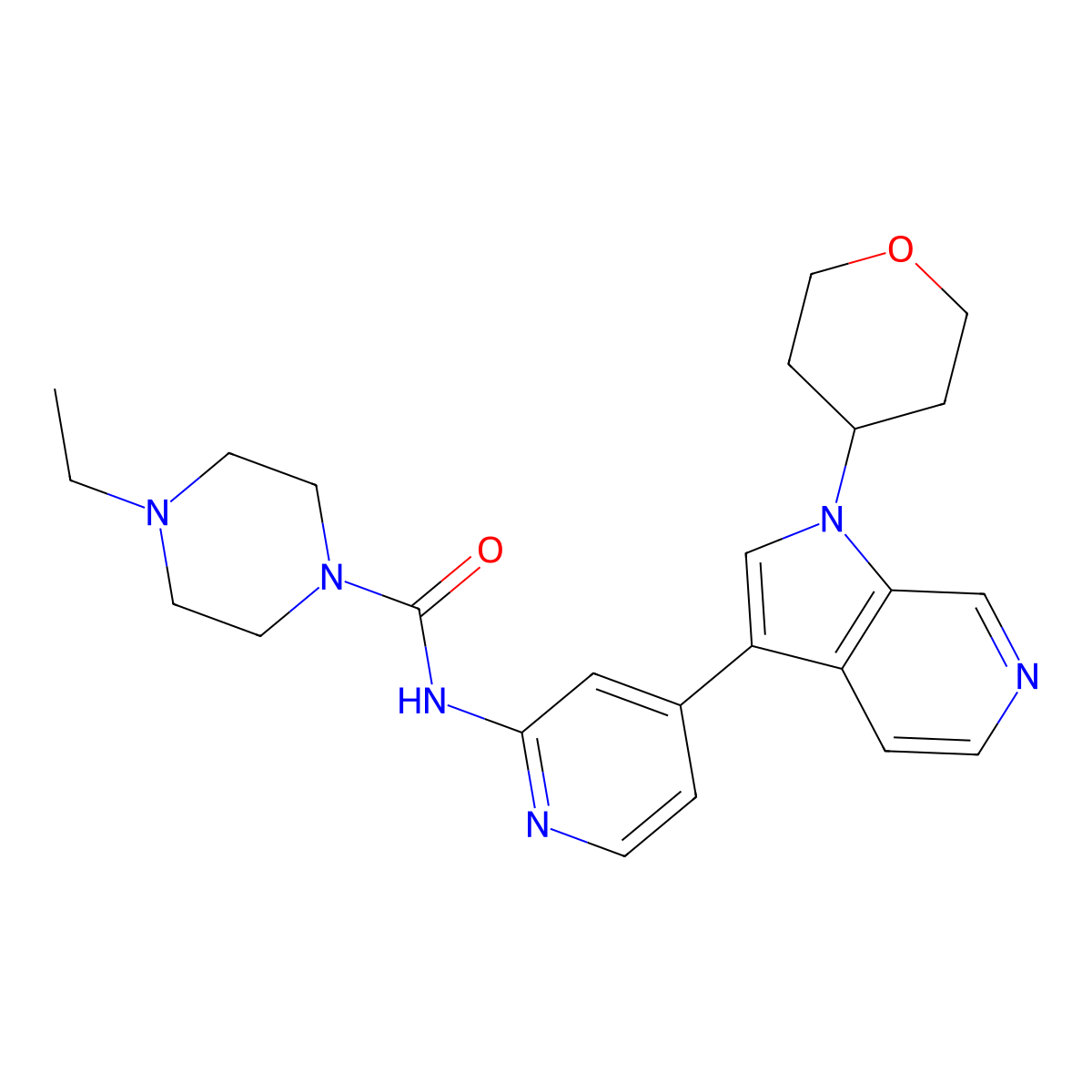4-Ethyl-N-(4-(1-(tetrahydro-2H-pyran-4-yl)-1H-pyrrolo[2,3-c]pyridin-3-yl)pyridin-2-yl)piperazine-1-carboxamide molecular structure, CAS 2561414-56-8
