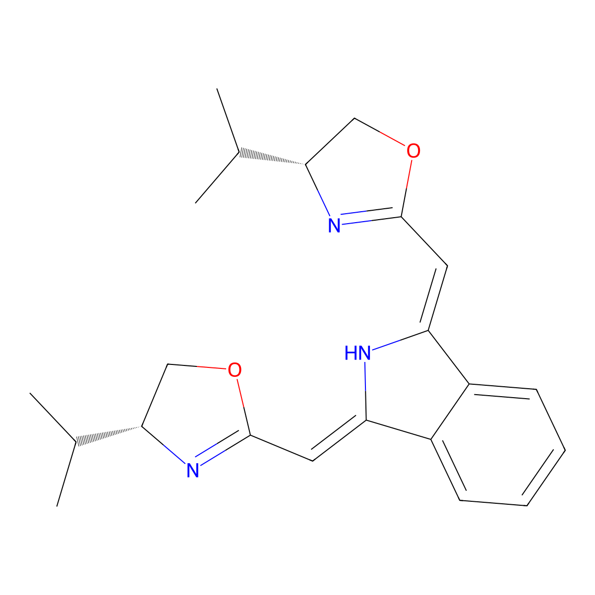 (1Z,3Z)-1,3-Bis(((R)-4-isopropyl-4,5-dihydrooxazol-2-yl)methylene)isoindoline molecular structure, CAS 2561485-39-8