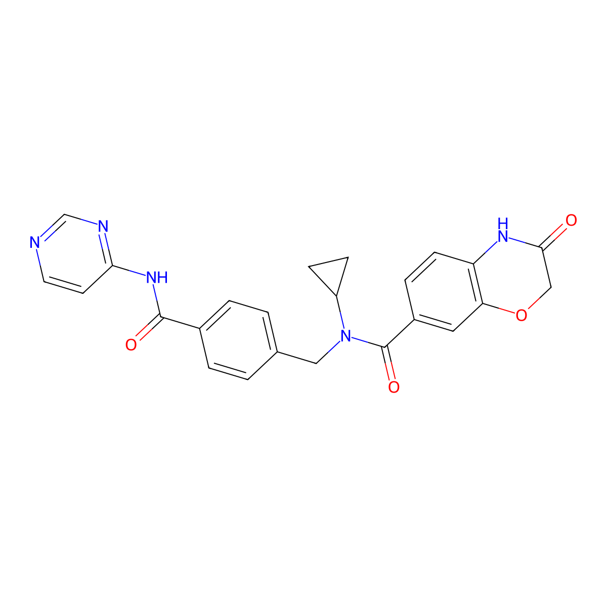 N-cyclopropyl-3-oxo-N-(4-(pyrimidin-4-ylcarbamoyl)benzyl)-3,4-dihydro-2H-benzo[b][1,4]oxazine-7-carboxamide molecular structure, CAS 2561494-77-5