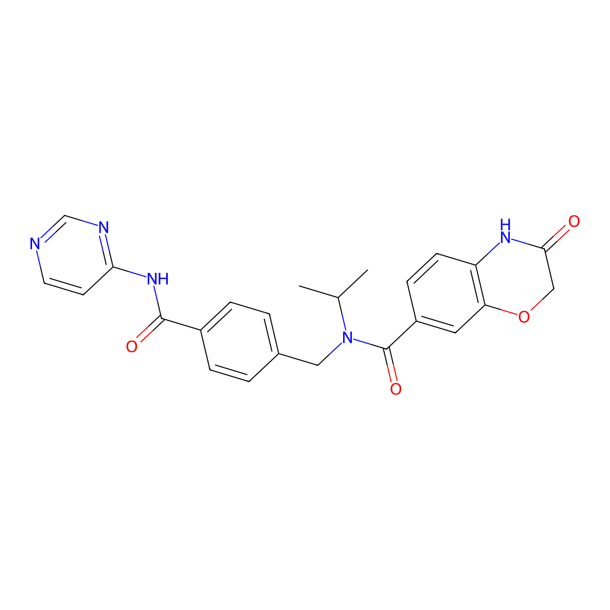 3-oxo-N-(propan-2-yl)-N-((4-((pyrimidin-4-yl)carbamoyl)phenyl)methyl)-3,4-dihydro-2H-1,4-benzoxazine-7-carboxamide molecular structure, CAS 2561494-78-6