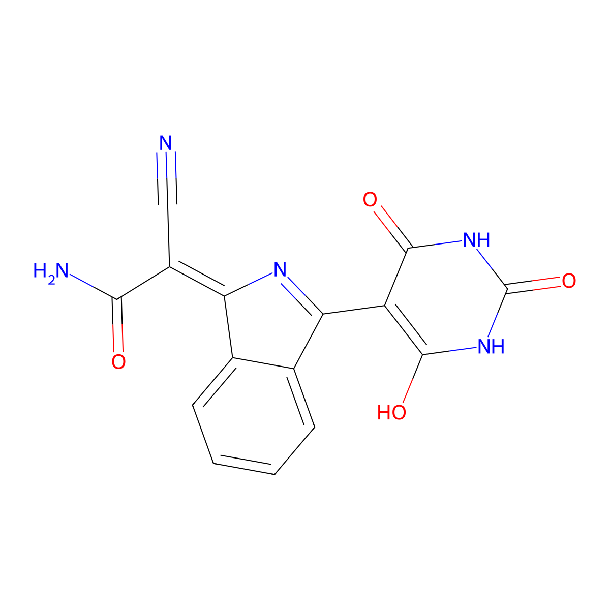 2-cyano-2-[2,3-dihydro-3-(tetrahydro-2,4,6-trioxo-5(2H)-pyrimidinylidene)-1H-isoindol-1-ylidene]acetamide molecular structure, CAS 25621-88-9