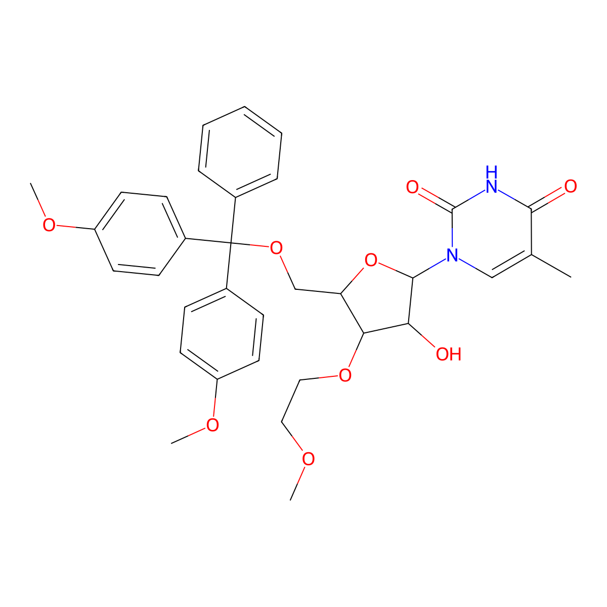 1-[(2R,3R,4S,5R)-5-[(bis(4-methoxyphenyl)(phenyl)methoxy)methyl]-3-hydroxy-4-(2-methoxyethoxy)oxolan-2-yl]-5-methyl-1,2,3,4-tetrahydropyrimidine-2,4-dione molecular structure, CAS 256223-94-6