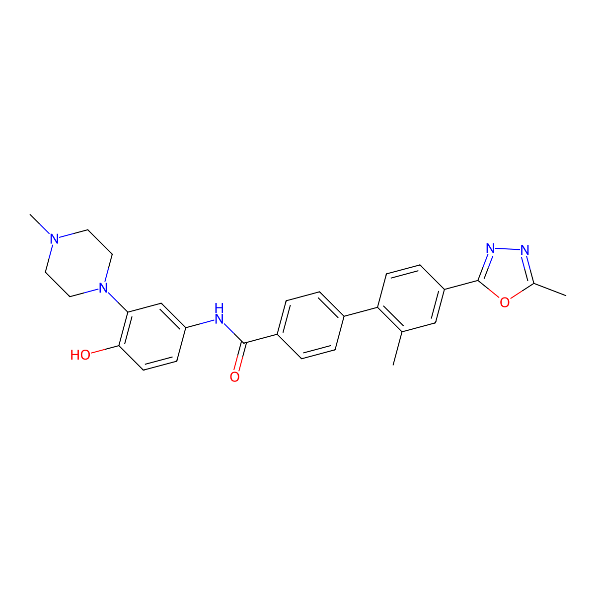 2'-Methyl-4'-(5-methyl-[1,3,4]oxadiazol-2-yl)-biphenyl-4-carboxylic acid [4-hydroxy-3-(4-methyl-piperazin-1-yl)-phenyl]-amide molecular structure, CAS 256227-77-7