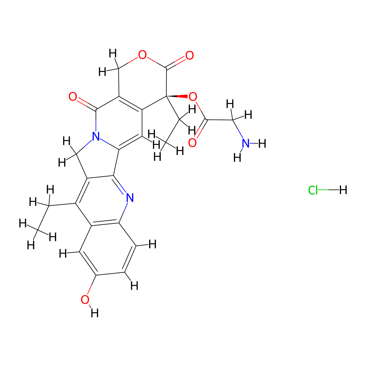 (S)-4,11-Diethyl-9-hydroxy-3,14-dioxo-3,4,12,14-tetrahydro-1H-pyrano[3',4':6,7]indolizino[1,2-b]quinolin-4-yl glycinate hydrochloride molecular structure, CAS 256341-08-9