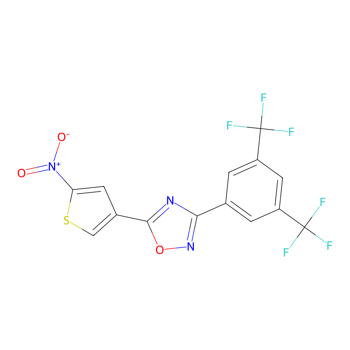 3-[3,5-Bis(trifluoromethyl)phenyl]-5-(5-nitrothiophen-3-yl)-1,2,4-oxadiazole molecular structure, CAS 256348-10-4