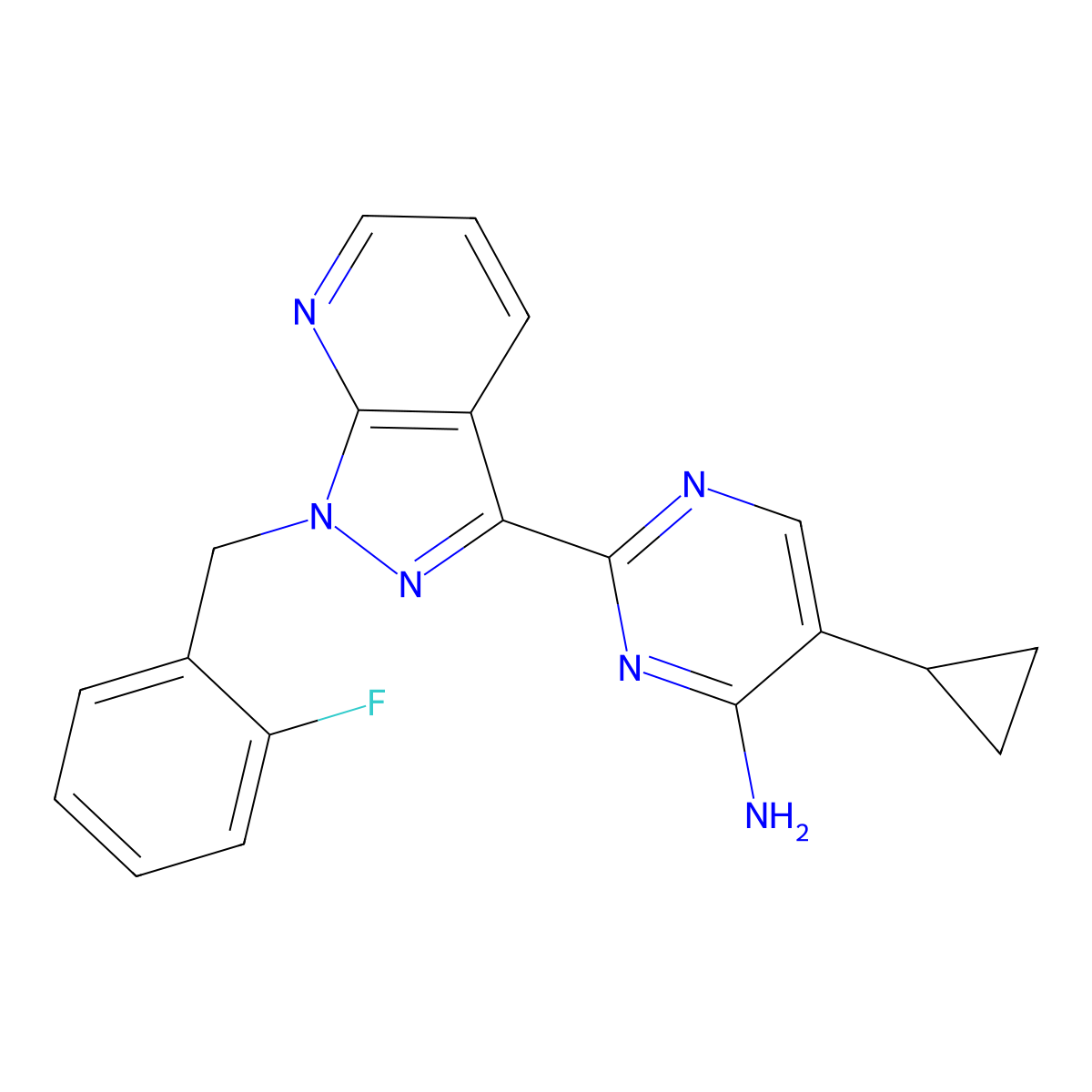 5-Cyclopropyl-2-(1-((2-fluorophenyl)methyl)-1H-pyrazolo(3,4-b)pyridin-3-yl)-4-pyrimidinamine molecular structure, CAS 256376-24-6