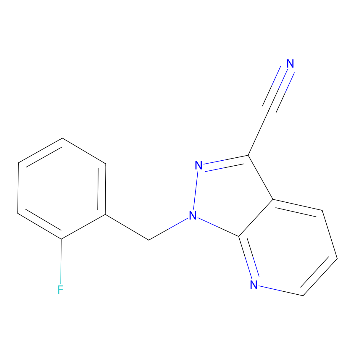 1-((2-Fluorophenyl)methyl)pyrazolo(3,4-b)pyridine-3-carbonitrile molecular structure, CAS 256376-65-5