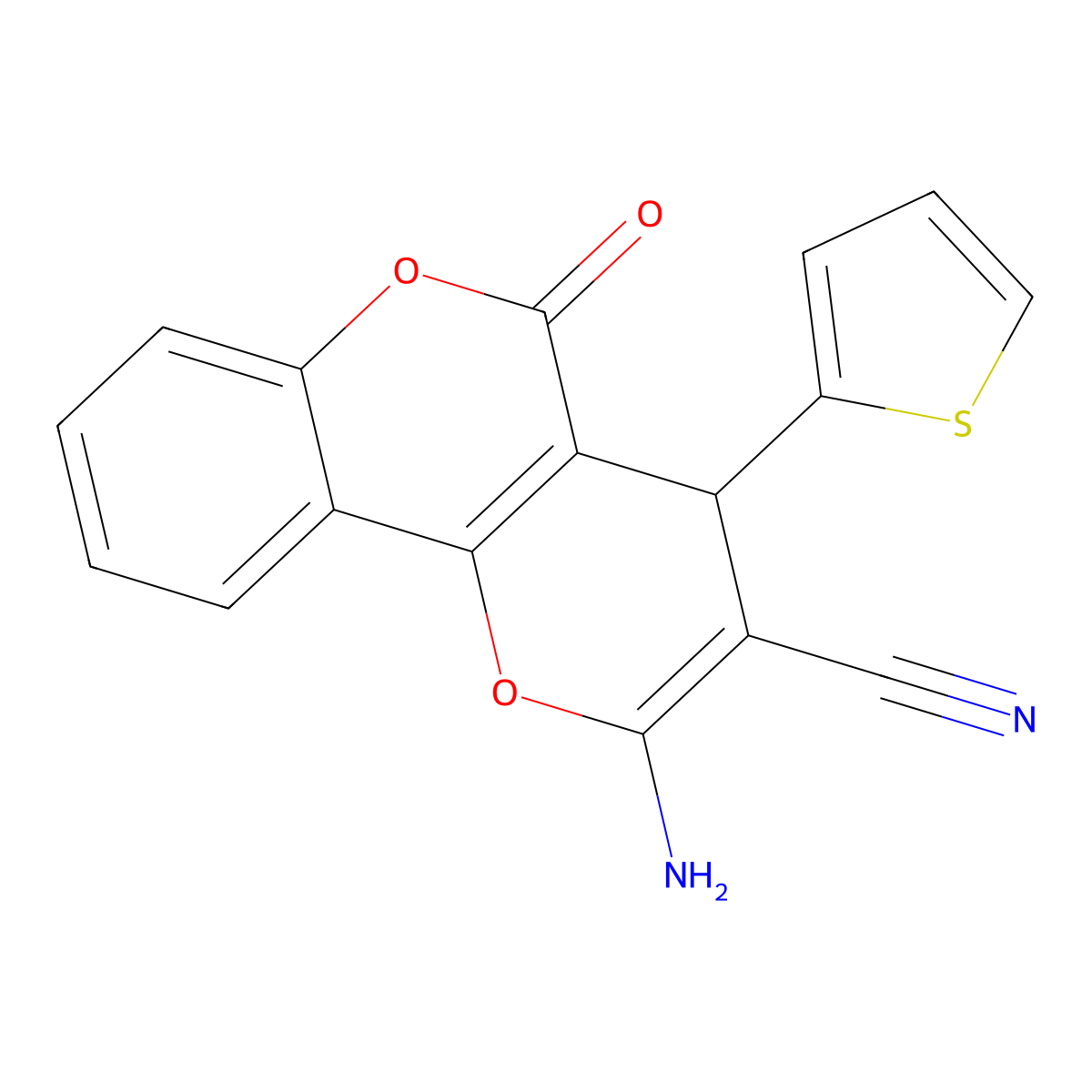 2-amino-5-oxo-4-(2-thienyl)-4H,5H-pyrano[3,2-c]chromene-3-carbonitrile molecular structure, CAS 256378-55-9