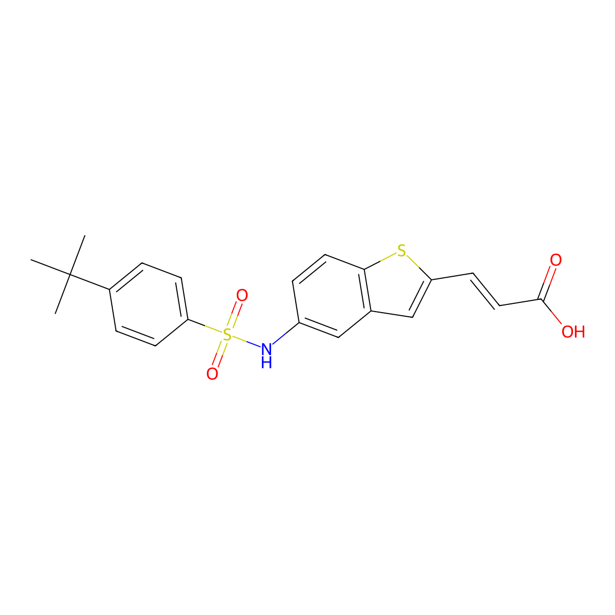 (2E)-3-[5-(4-tert-butylbenzenesulfonamido)-1-benzothiophen-2-yl]prop-2-enoic acid molecular structure, CAS 2563874-60-0