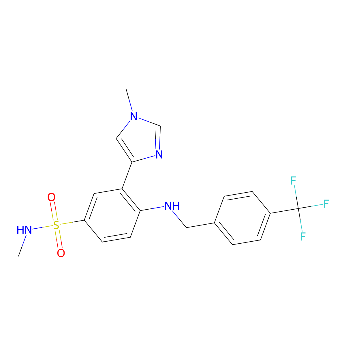 N-methyl-3-(1-methyl-1H-imidazol-4-yl)-4-(((4-(trifluoromethyl)phenyl)methyl)amino)benzene-1-sulfonamide molecular structure, CAS 2563892-44-2