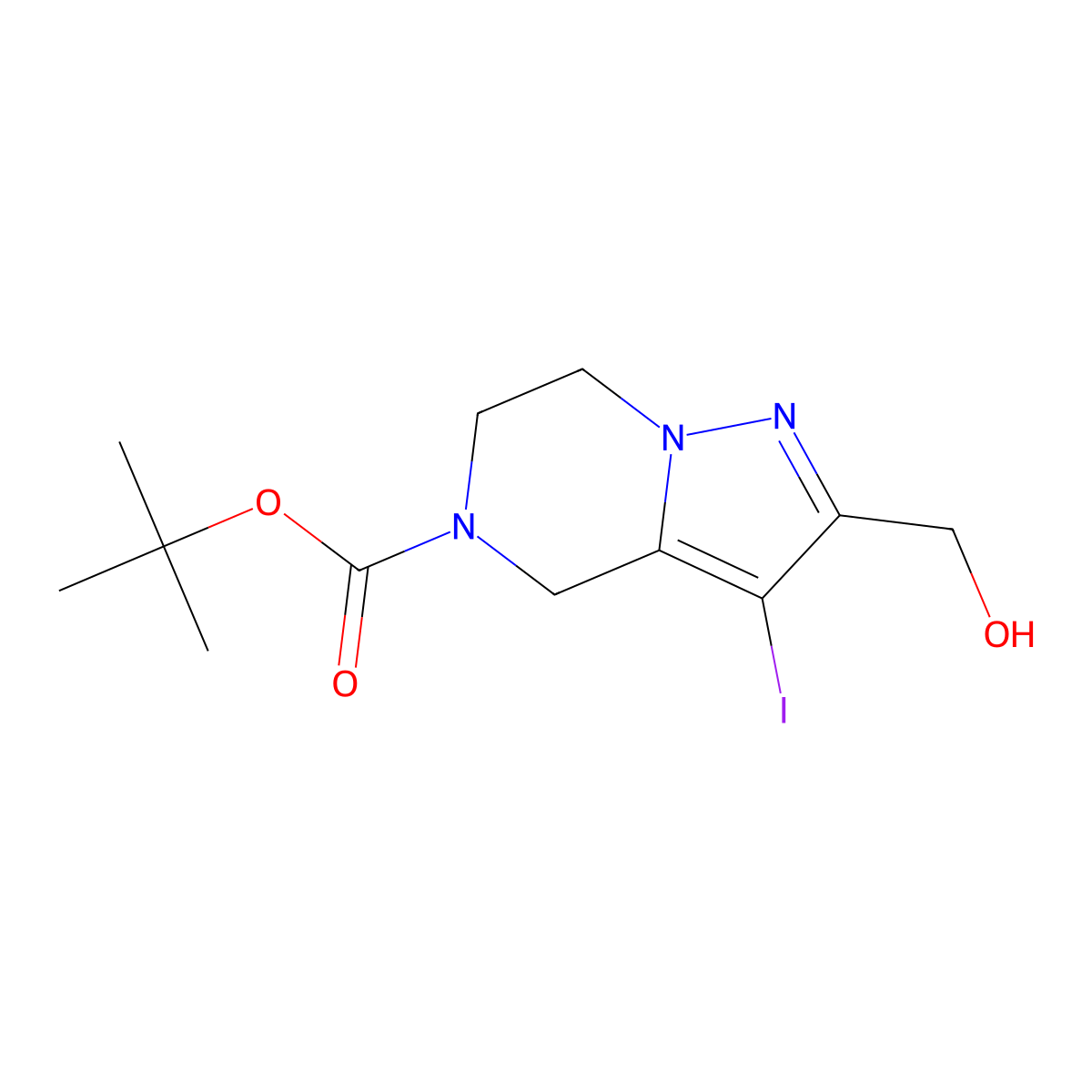 tert-butyl 2-(hydroxymethyl)-3-iodo-4H,5H,6H,7H-pyrazolo[1,5-a]pyrazine-5-carboxylate molecular structure, CAS 2564788-13-0