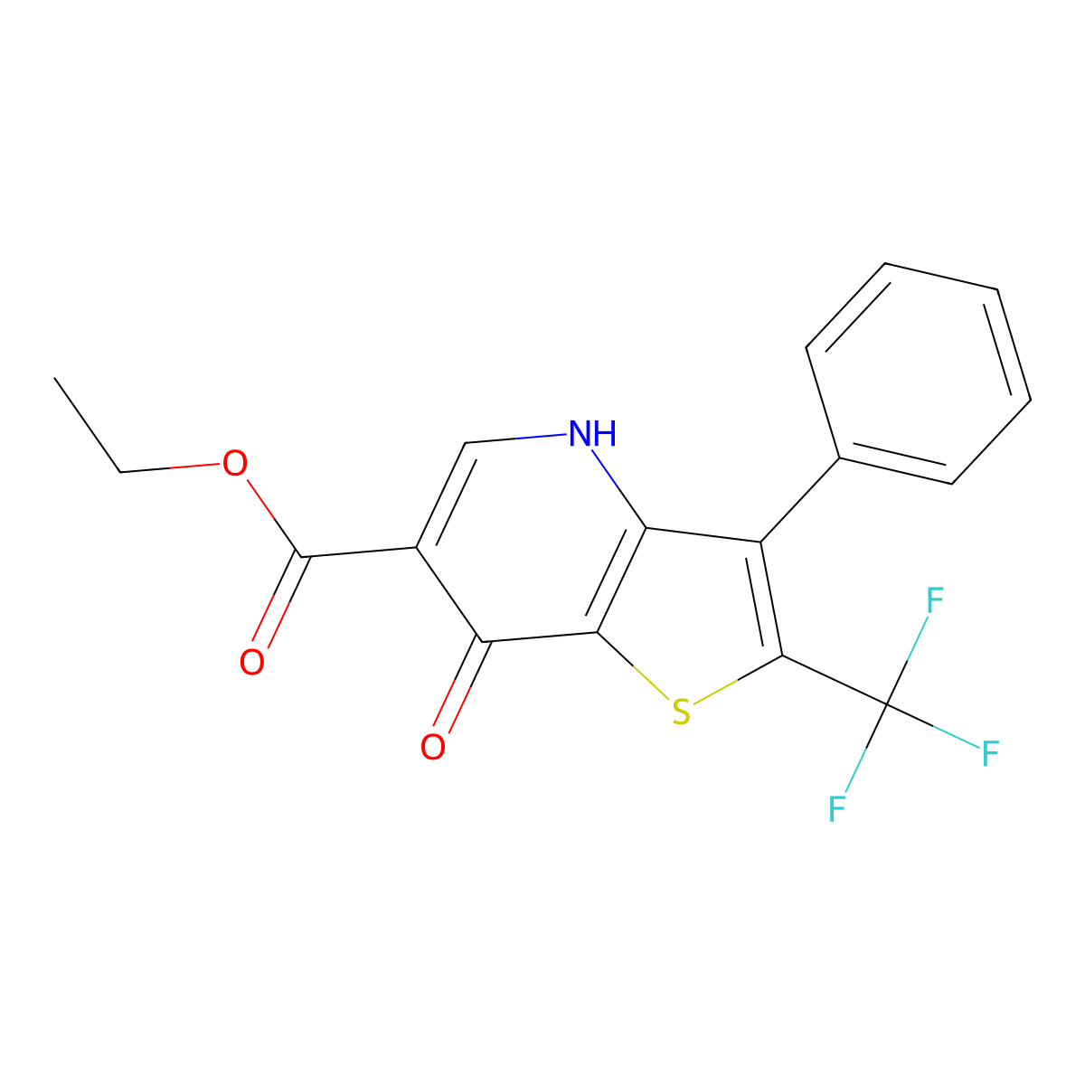 ethyl 7-oxo-3-phenyl-2-(trifluoromethyl)-4H-thieno[3,2-b]pyridine-6-carboxylate molecular structure, CAS 256488-11-6