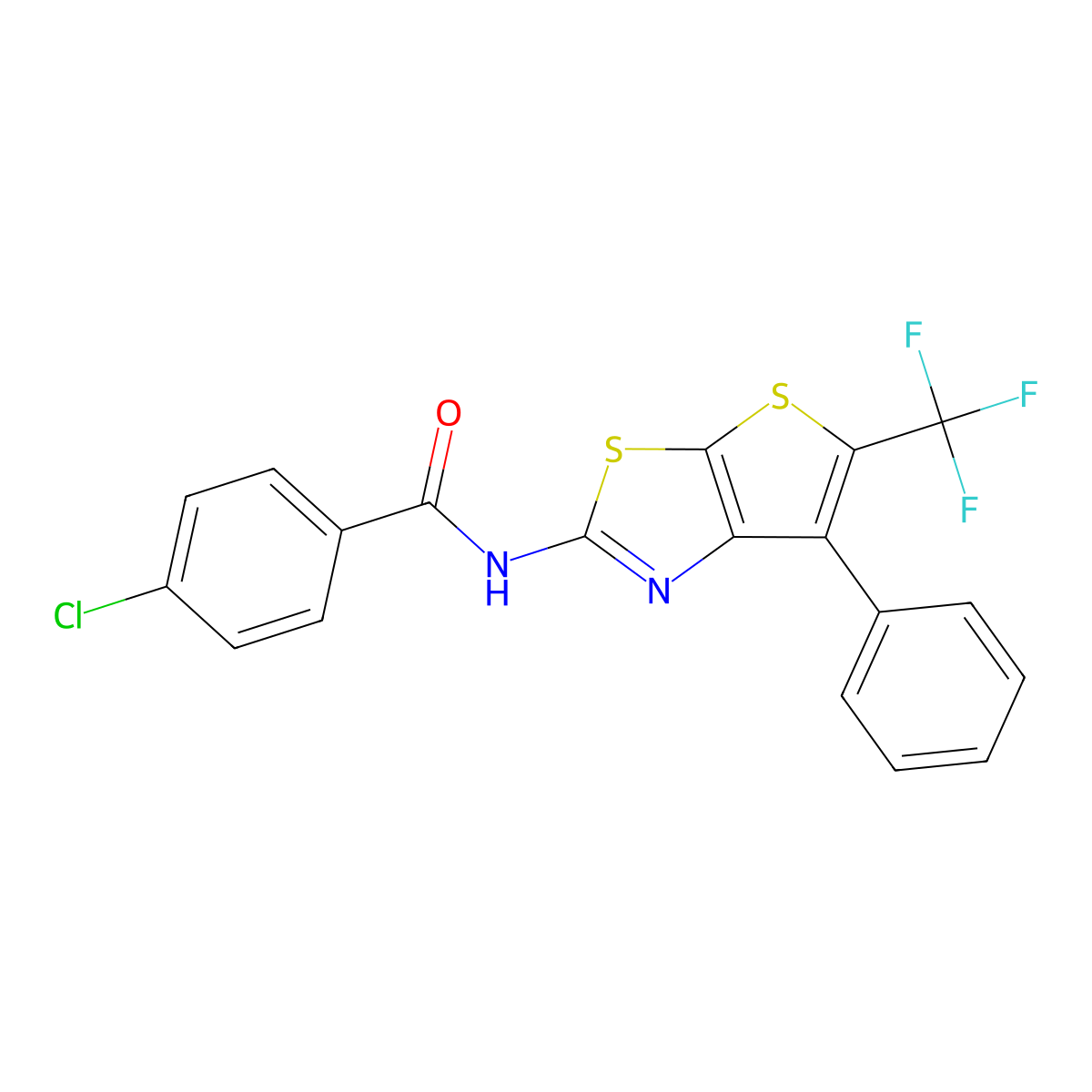 4-Chloro-N-[6-phenyl-5-(trifluoromethyl)thieno[3,2-d]thiazol-2-yl]benzamide molecular structure, CAS 256488-37-6