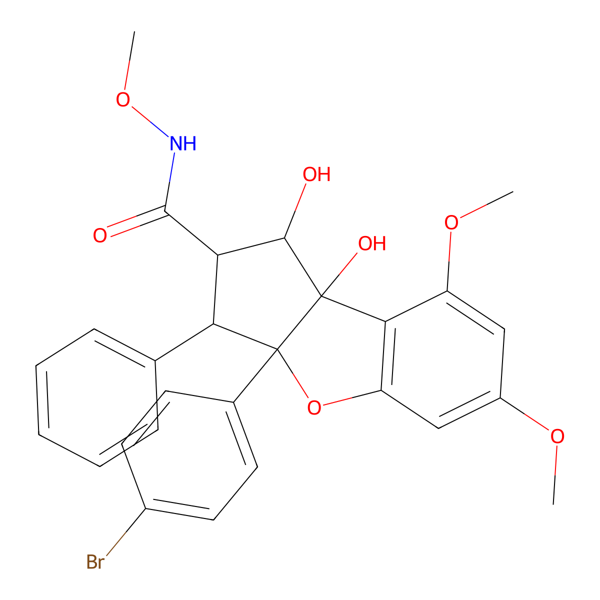 Rel-(1R,2R,3S,3aR,8bS)-3a-(4-bromophenyl)-1,8b-dihydroxy-N,6,8-trimethoxy-3-phenyl-2,3,3a,8b-tetrahydro-1H-cyclopenta[b]benzofuran-2-carboxamide molecular structure, CAS 256497-58-2