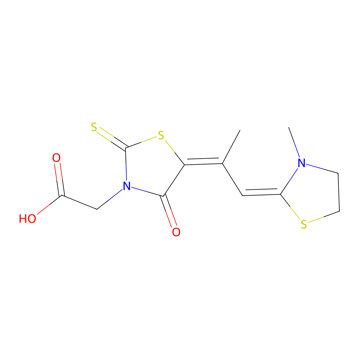 3-Thiazolidineacetic acid, 5-[1-methyl-2-(3-methyl-2-thiazolidinylidene)ethylidene]-4-oxo-2-thioxo- molecular structure, CAS 25651-76-7