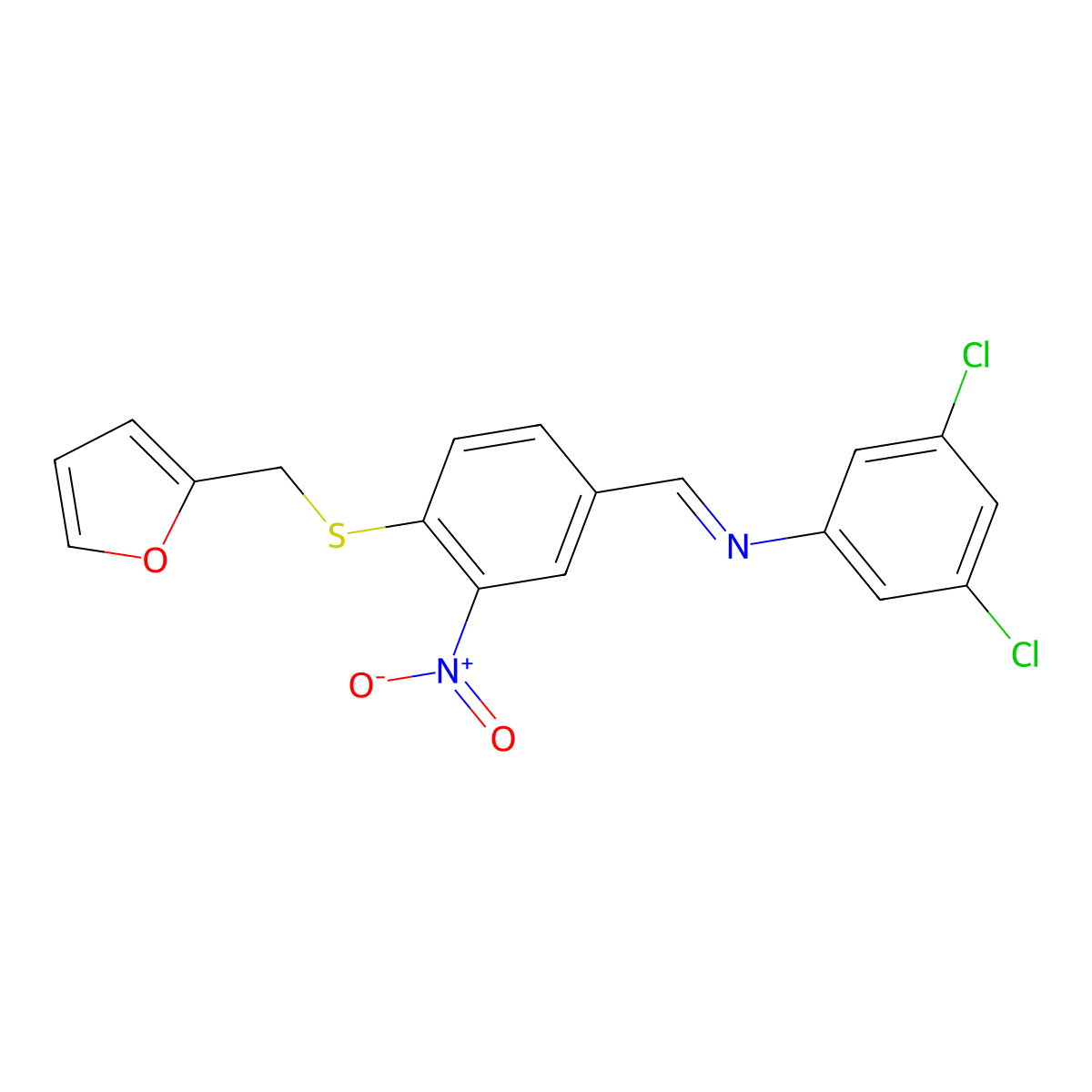 N-(3,5-dichlorophenyl)-1-[4-(furan-2-ylmethylsulfanyl)-3-nitrophenyl]methanimine molecular structure, CAS 256521-69-4