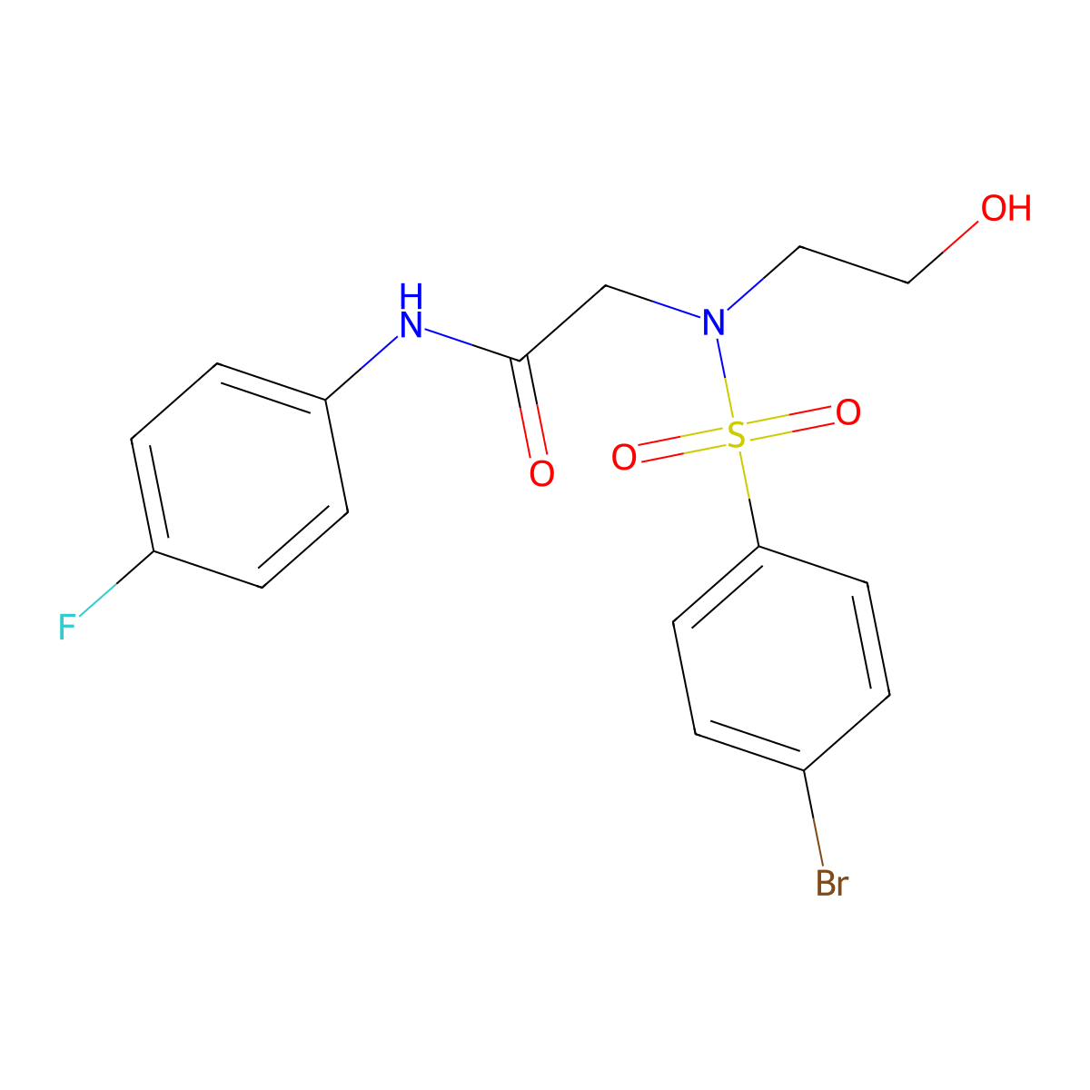 2-(((4-Bromophenyl)sulfonyl)(2-hydroxyethyl)amino)-N-(4-fluorophenyl)acetamide molecular structure, CAS 256521-73-0