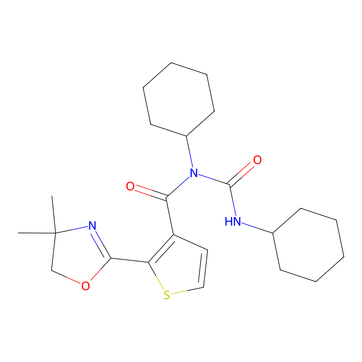 N-Cyclohexyl-N-((cyclohexylamino)carbonyl)-2-(4,5-dihydro-4,4-dimethyl-2-oxazolyl)-3-thiophenecarboxamide molecular structure, CAS 256529-44-9