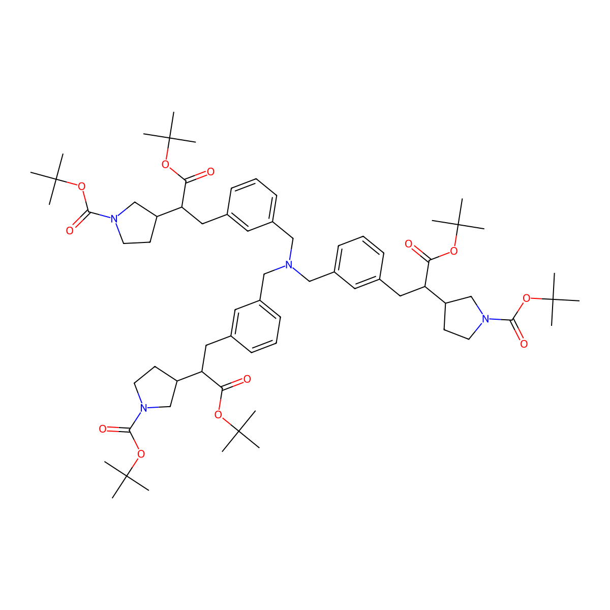 3-Pyrrolidineacetic acid, alpha,alpha',alpha''-[nitrilotris(methylene-3,1-phenylenemethylene)]tris[1-[(1,1-dimethylethoxy)carbonyl]-, 3,3',3''-tris(1,1-dimethylethyl) ester, (alphaS,alpha'S,alpha''S,3R,3'R,3''R)- molecular structure, CAS 2565657-89-6