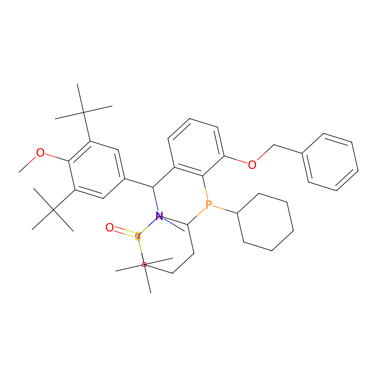 (R)-N-((S)-(3-(Benzyloxy)-2-(dicyclohexylphosphanyl)phenyl)(3,5-di-tert-butyl-4-methoxyphenyl)methyl)-N,2-dimethylpropane-2-sulfinamide molecular structure, CAS 2565792-24-5