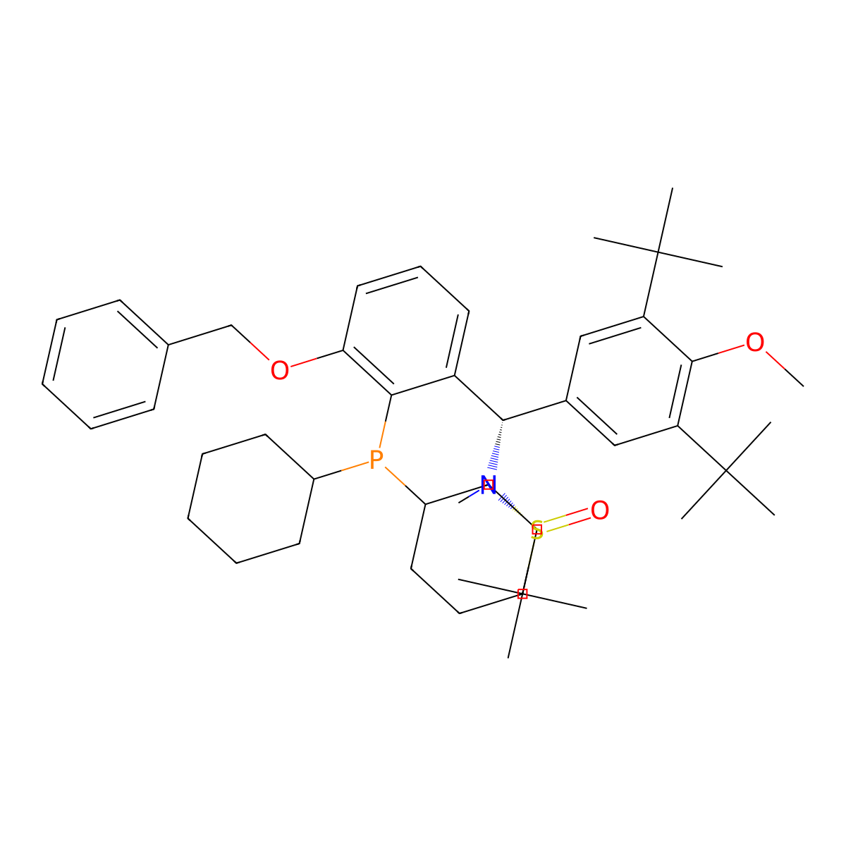 (R)-N-((S)-(3-(Benzyloxy)-2-(dicyclohexylphosphanyl)phenyl)(3,5-di-tert-butyl-4-methoxyphenyl)methyl)-N,2-dimethylpropane-2-sulfinamide molecular structure, CAS 2565792-24-5