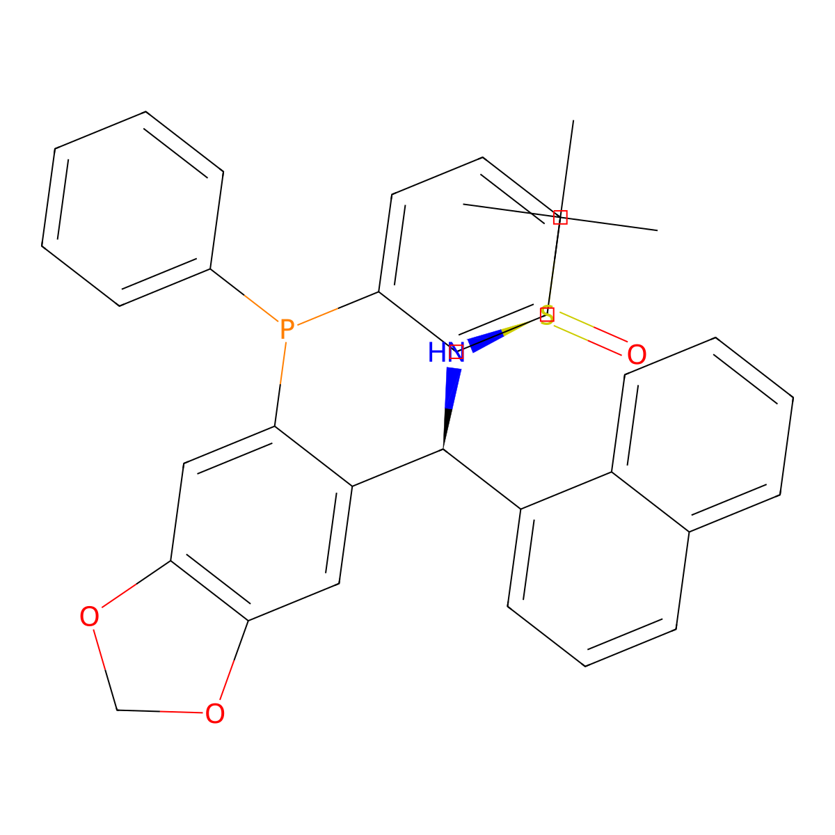 (R)-N-((S)-(6-(Diphenylphosphanyl)benzo[d][1,3]dioxol-5-yl)(naphthalen-1-yl)methyl)-2-methylpropane-2-sulfinamide molecular structure, CAS 2565792-26-7