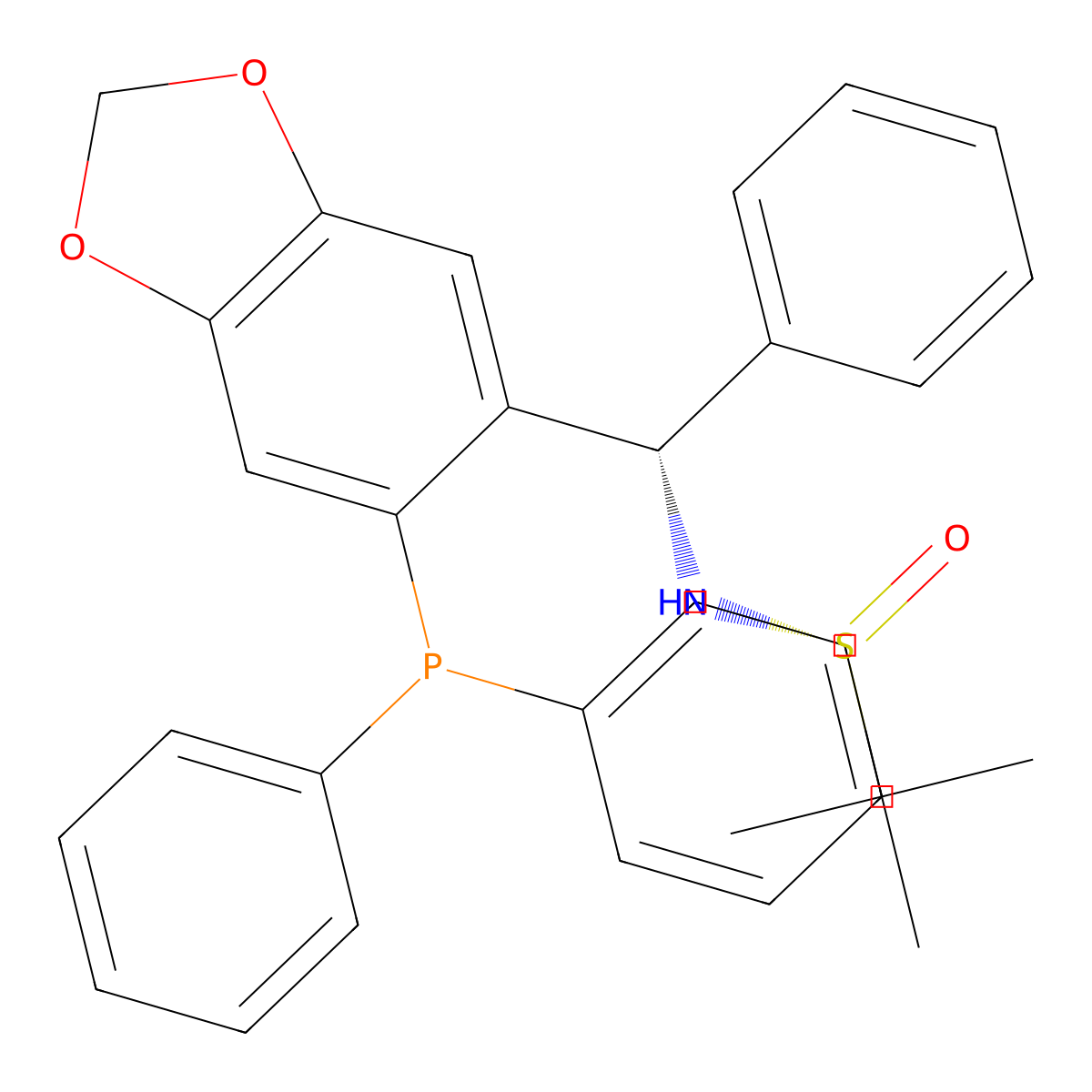 (R)-N-((S)-(6-(Diphenylphosphanyl)benzo[d][1,3]dioxol-5-yl)(phenyl)methyl)-2-methylpropane-2-sulfinamide molecular structure, CAS 2565792-39-2