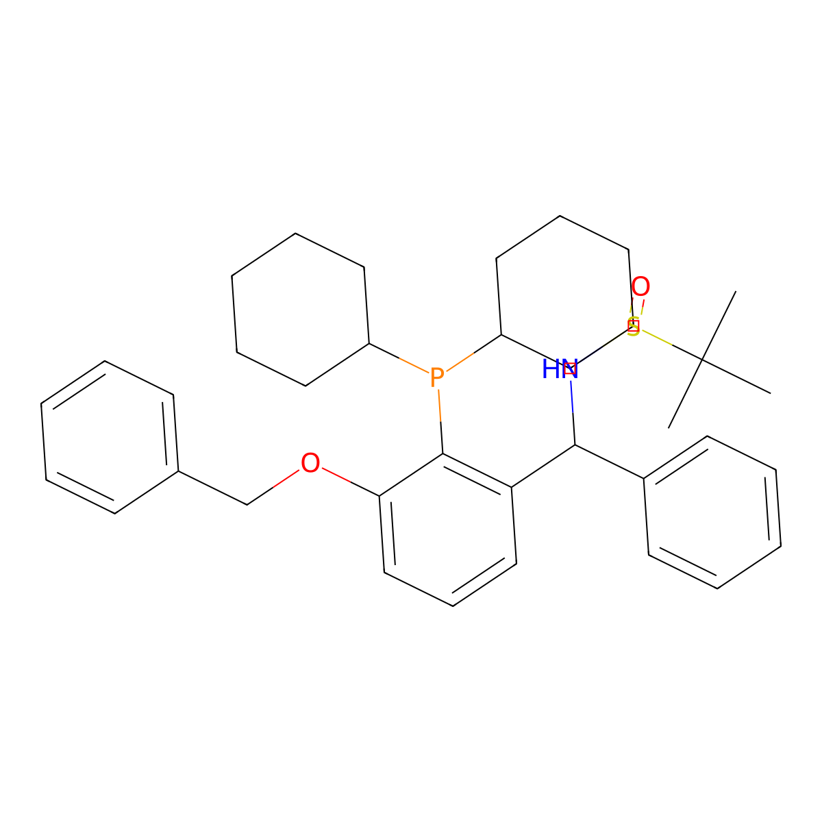 (R)-N-[(R)-[3-(Benzyloxy)-2-(dicyclohexylphosphino)phenyl](phenyl)methyl]-2-methylpropane-2-sulfinamide molecular structure, CAS 2565792-41-6