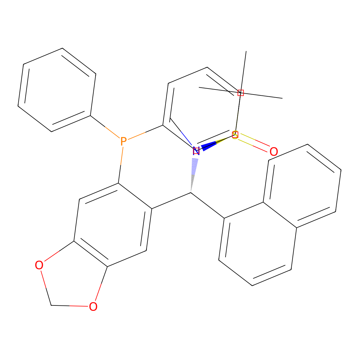 (R)-N-((R)-(6-(Diphenylphosphanyl)benzo[d][1,3]dioxol-5-yl)(naphthalen-1-yl)methyl)-N,2-dimethylpropane-2-sulfinamide molecular structure, CAS 2565792-42-7