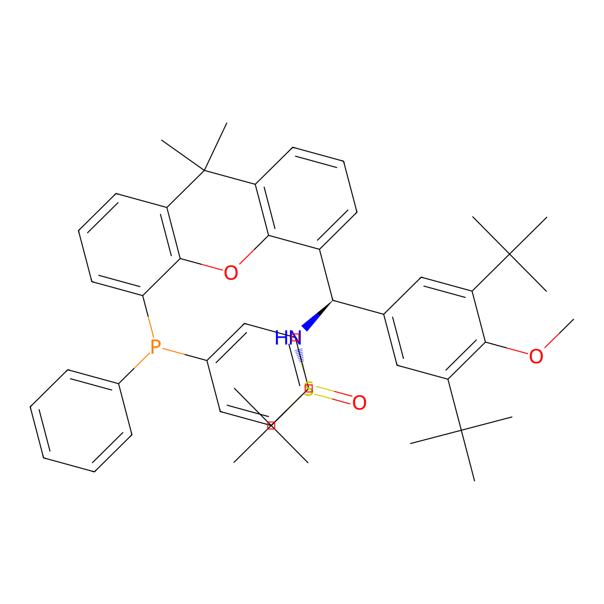 (R)-N-((R)-(3,5-Di-tert-butyl-4-methoxyphenyl)(5-(diphenylphosphanyl)-9,9-dimethyl-9H-xanthen-4-yl)methyl)-2-methylpropane-2-sulfinamide molecular structure, CAS 2565792-43-8
