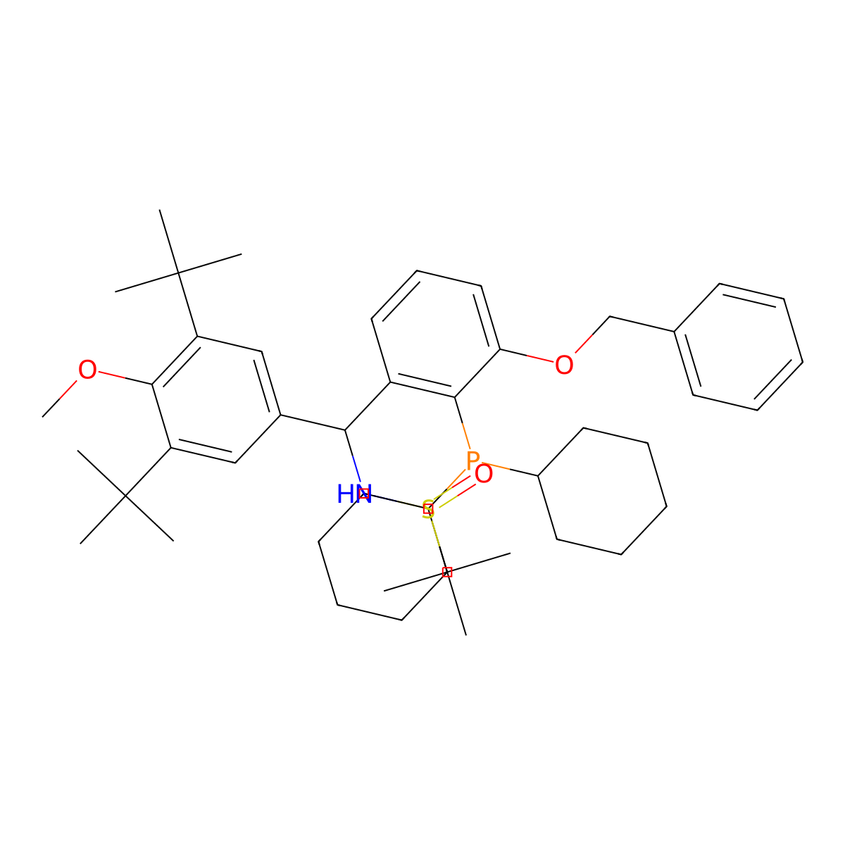(R)-N-((S)-(3-(Benzyloxy)-2-(dicyclohexylphosphanyl)phenyl)(3,5-di-tert-butyl-4-methoxyphenyl)methyl)-2-methylpropane-2-sulfinamide molecular structure, CAS 2565792-48-3