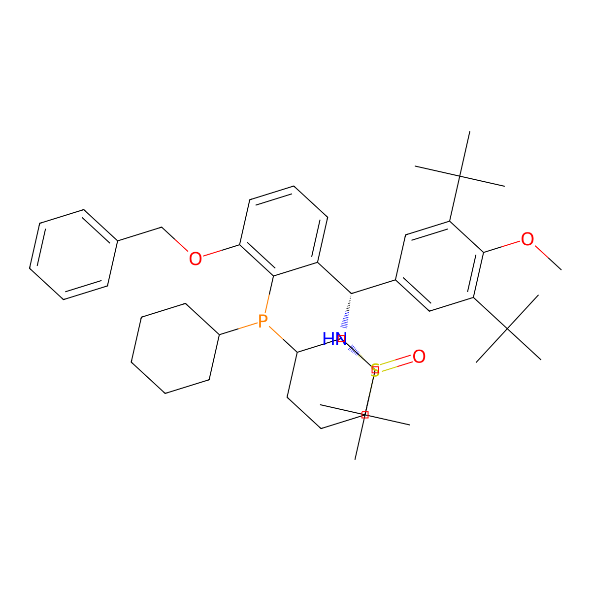 (R)-N-((S)-(3-(Benzyloxy)-2-(dicyclohexylphosphanyl)phenyl)(3,5-di-tert-butyl-4-methoxyphenyl)methyl)-2-methylpropane-2-sulfinamide molecular structure, CAS 2565792-48-3