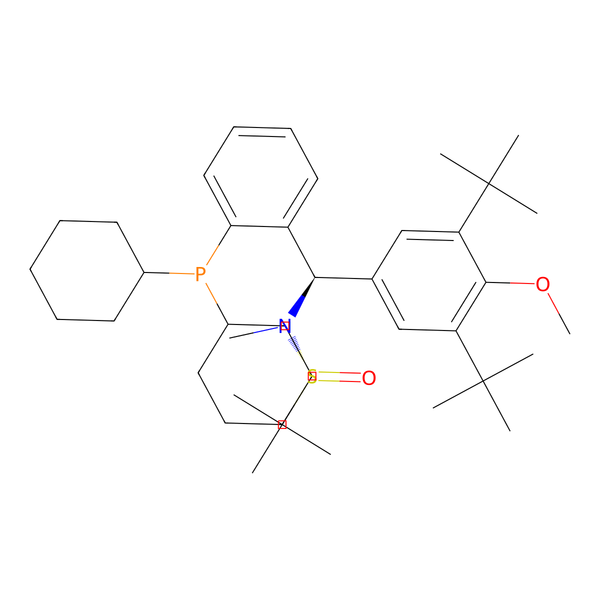 (R)-N-((R)-(3,5-Di-tert-butyl-4-methoxyphenyl)(2-(dicyclohexylphosphanyl)phenyl)methyl)-N,2-dimethylpropane-2-sulfinamide molecular structure, CAS 2565792-49-4