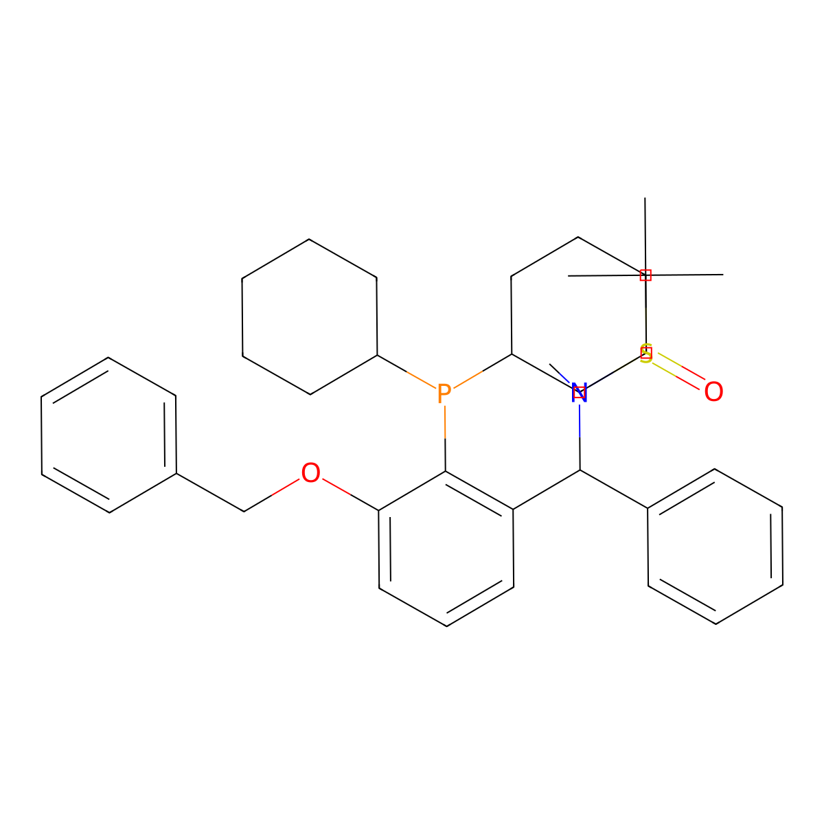 (R)-N-((R)-(3-(Benzyloxy)-2-(dicyclohexylphosphanyl)phenyl)(phenyl)methyl)-N,2-dimethylpropane-2-sulfinamide molecular structure, CAS 2565792-50-7