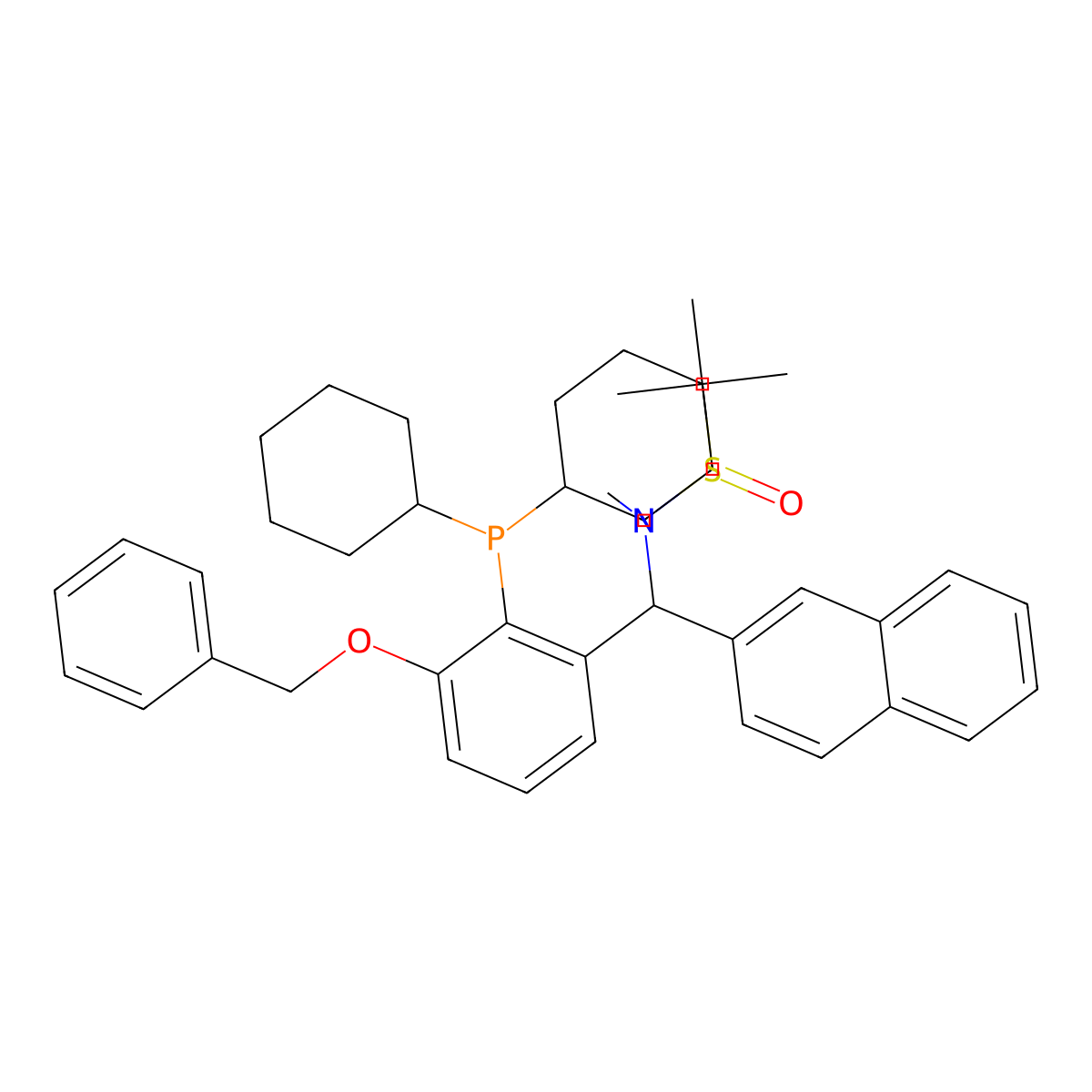 (R)-N-((S)-(3-(Benzyloxy)-2-(dicyclohexylphosphanyl)phenyl)(naphthalen-2-yl)methyl)-N,2-dimethylpropane-2-sulfinamide molecular structure, CAS 2565792-55-2