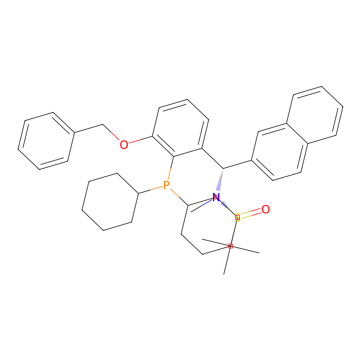 (R)-N-((S)-(3-(Benzyloxy)-2-(dicyclohexylphosphanyl)phenyl)(naphthalen-2-yl)methyl)-N,2-dimethylpropane-2-sulfinamide molecular structure, CAS 2565792-55-2
