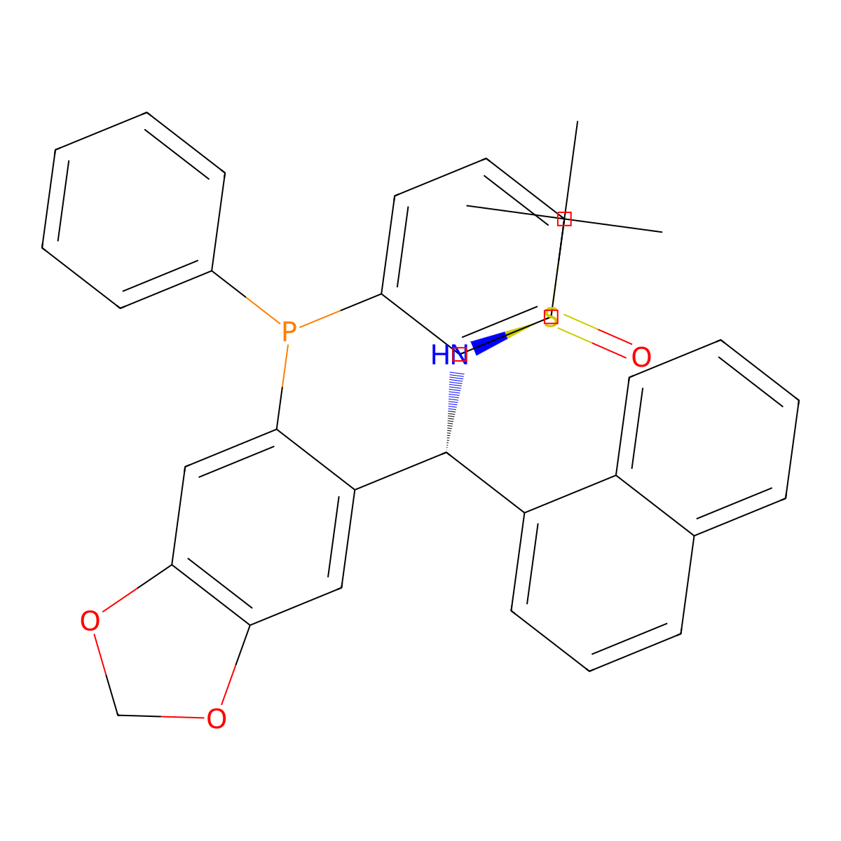 (R)-N-((R)-(6-(Diphenylphosphanyl)benzo[d][1,3]dioxol-5-yl)(naphthalen-1-yl)methyl)-2-methylpropane-2-sulfinamide molecular structure, CAS 2565792-59-6