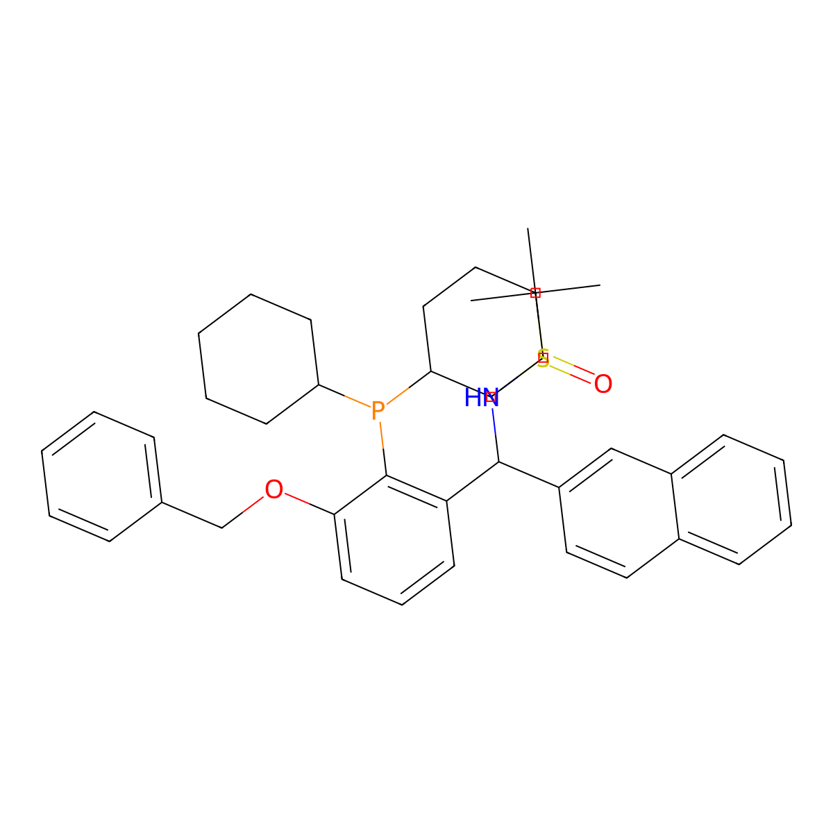 (R)-N-((S)-(3-(Benzyloxy)-2-(dicyclohexylphosphanyl)phenyl)(naphthalen-2-yl)methyl)-2-methylpropane-2-sulfinamide molecular structure, CAS 2565792-69-8